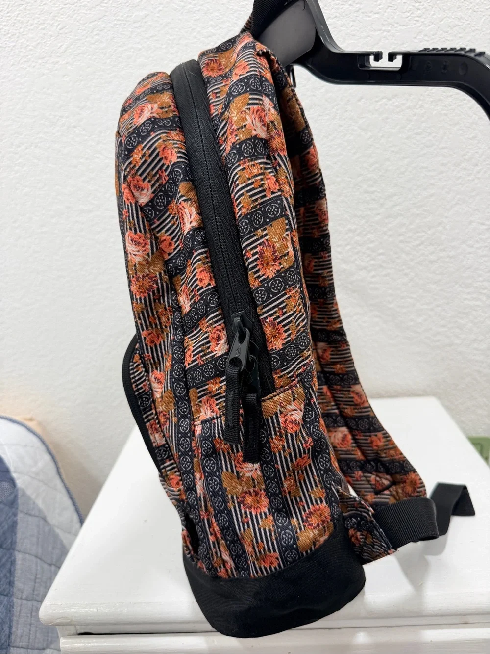 Volcom Black Floral Stripe Backpack with Orange Flowered Accents